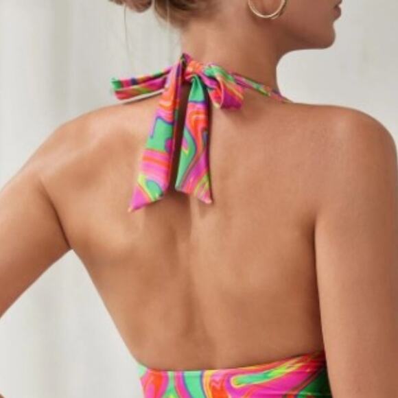 Tropical ONE PIECE Bathing Suit Sz Small Barbiecore GROOVY Hot Colors Halter NEW - Picture 6 of 12
